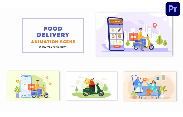 Flat 2D Food Delivery Character Animation Scene